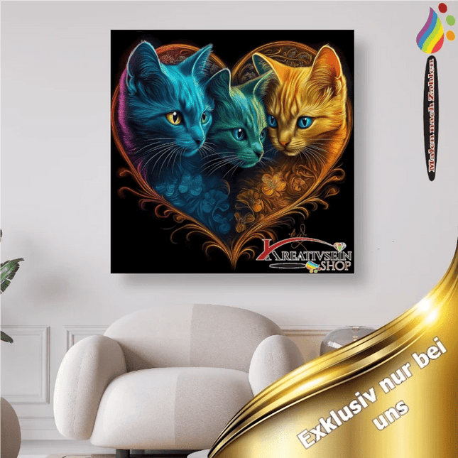3 bunten Katzen im Herz - Malen nach Zahlen - Kreativsein.shop
