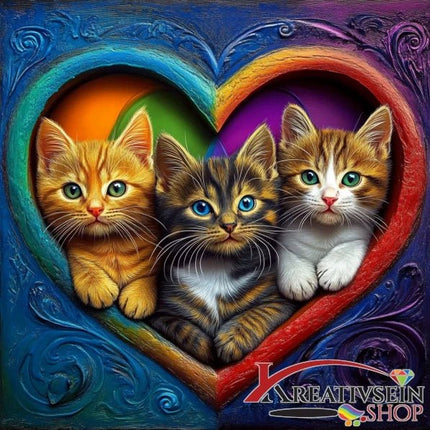 3 Kätzchen im bunten Herzrahmen - 5D DIY Diamond Painting - Kreativsein.shop