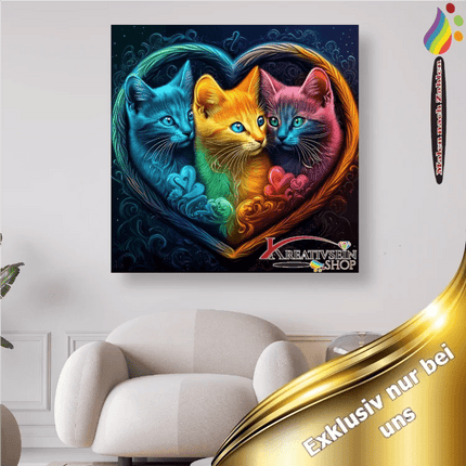 3 Katzen im bunten Herzrahmen - Malen nach Zahlen - Kreativsein.shop