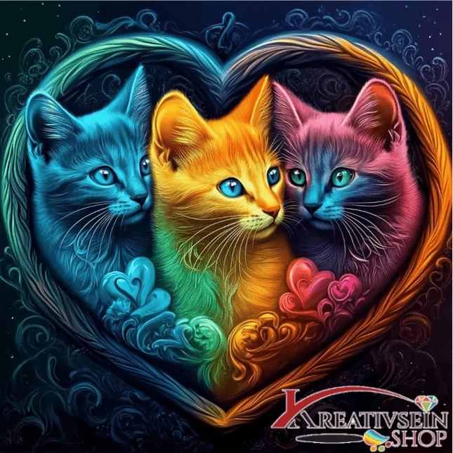 3 Katzen im bunten Herzrahmen - Malen nach Zahlen - Kreativsein.shop