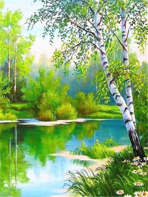 Birke am Wasser ein Sommertag im grünen - Diamond Painting - Kreativsein.shop