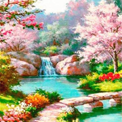 Blütenzauber die Natur erwacht, Fluss mit Wasserfall - Diamond Painting - Kreativsein.shop