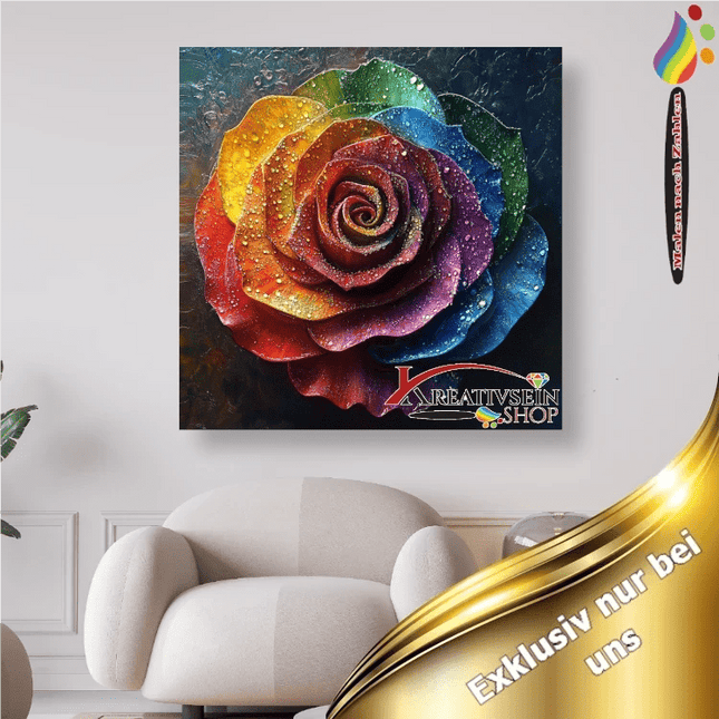 Bunte Rosenblüte mit Tropfen - Malen nach Zahlen - Kreativsein.shop