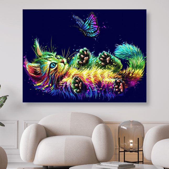 Buntes Kätzchen spielt mit Schmetterling - 5D DIY Diamond Painting - Kreativsein.shop