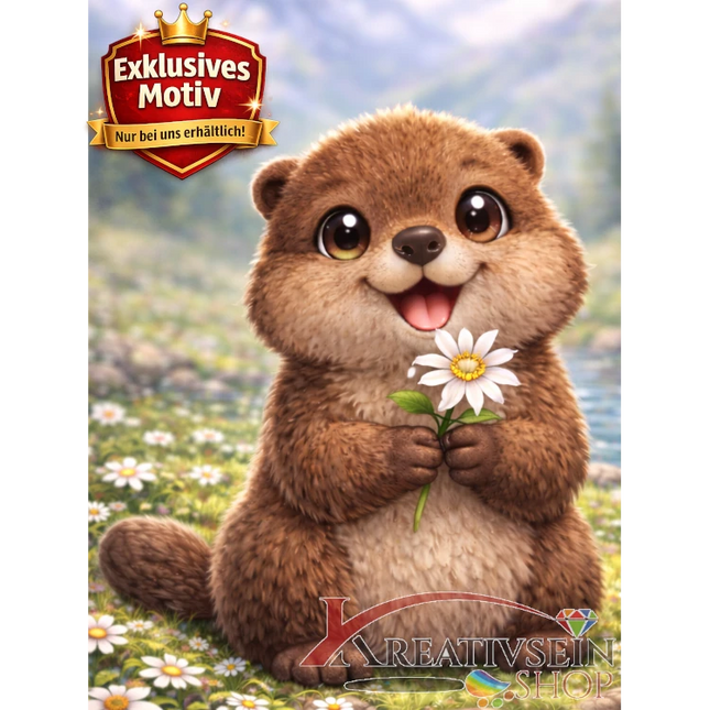 🦫 Kawaii Diamond Painting Set „Süßes Murmeltier mit Blume“ – Liebevolles DIY Motiv
