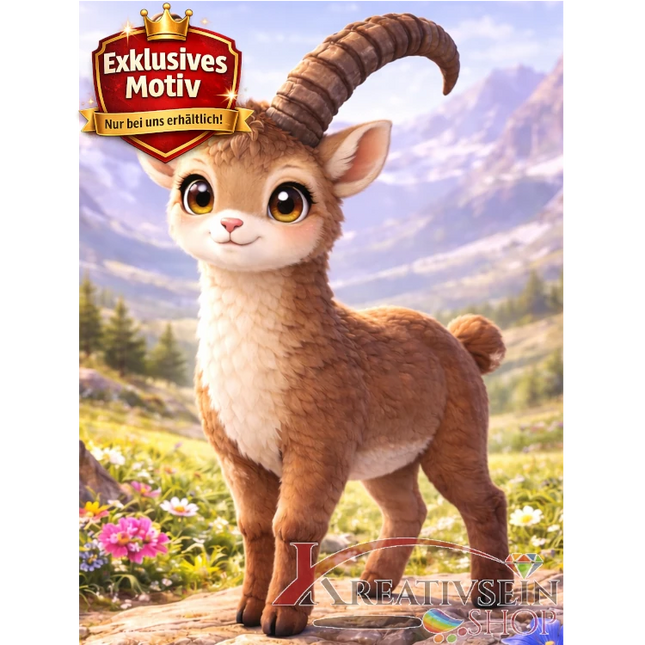 🐐 Kawaii Diamond Painting Set „Süßer Steinbock in den Alpen“ – Niedliches DIY Motiv