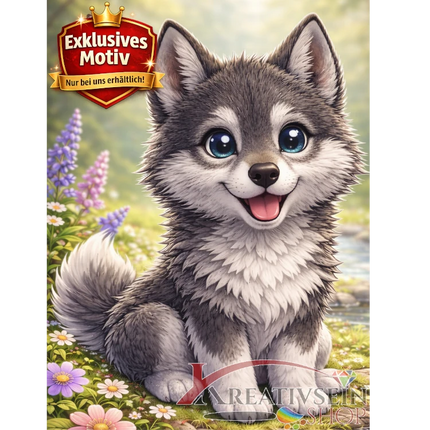 🐺 Kawaii Diamond Painting Set „Süßer Wolf mit Schmetterling“ – Niedliches DIY Motiv