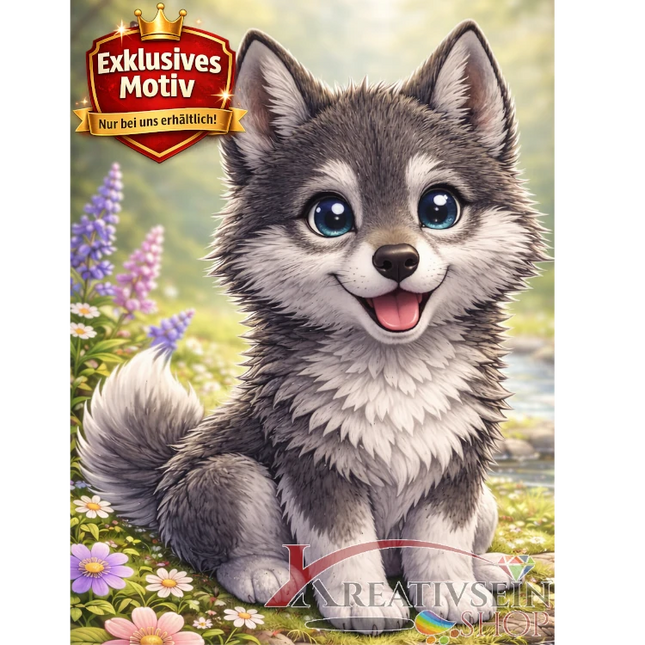 🐺 Kawaii Diamond Painting Set „Süßer Wolf mit Schmetterling“ – Niedliches DIY Motiv