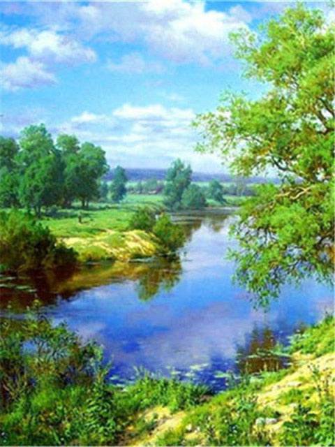 Ein Sommertag mit Bäumen und Fluss zum entspannen - Diamond Painting - Kreativsein.shop