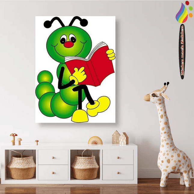 Grüne Raupe mit Buch - Malen nach Zahlen - Kreativsein.shop