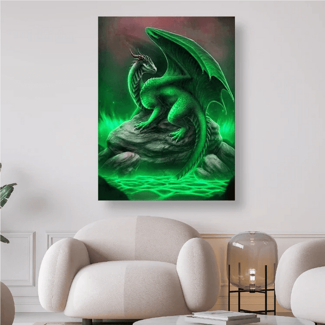 Grüner Drachen sitzt auf Felsen - 5D DIY Diamond Painting - Kreativsein.shop