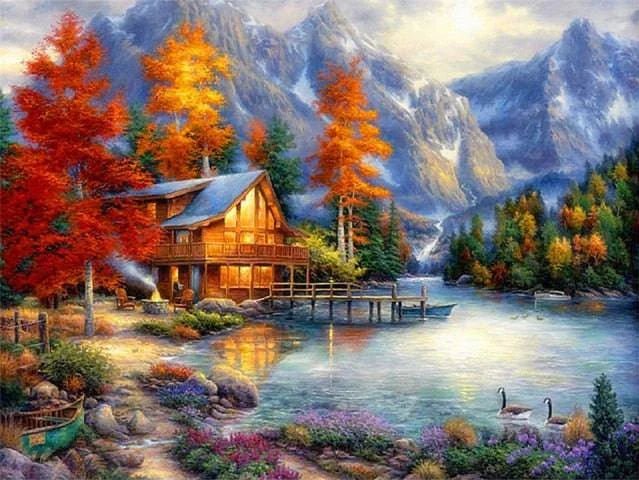 Herbstlandschaft in den Bergen mit Haus und See - Diamond Painting - Kreativsein.shop