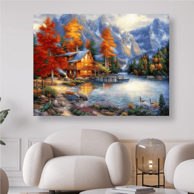 Herbstlandschaft in den Bergen mit Haus und See - Diamond Painting - Kreativsein.shop