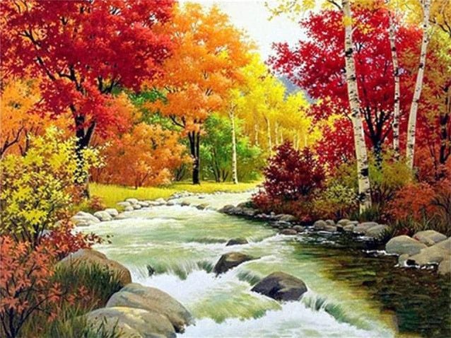 Herbstlandschaft mit wunderschön gefärbten Bäumen am Fluss - Diamond Painting - Kreativsein.shop