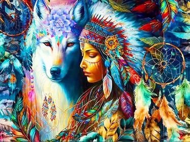 Indianerfrau mit Wolf 200 Farben LA - 5D DIY Diamond Painting - Kreativsein.shop