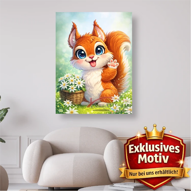 🐿️ Kawaii Diamond Painting Set „Süßes Eichhörnchen mit Edelweißkorb“ – Niedliches DIY Motiv