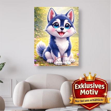 🐶 Kawaii Diamond Painting Set „Süßer Husky im Blütenfeld“ – Niedliches DIY Motiv