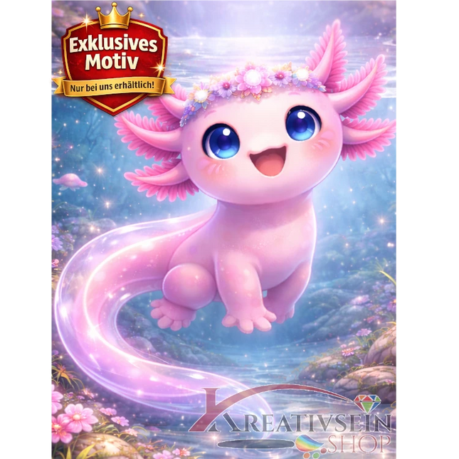 🩷 Kawaii Diamond Painting Set „Magischer Axolotl im Wasser“ – Süßes Fantasy DIY Motiv