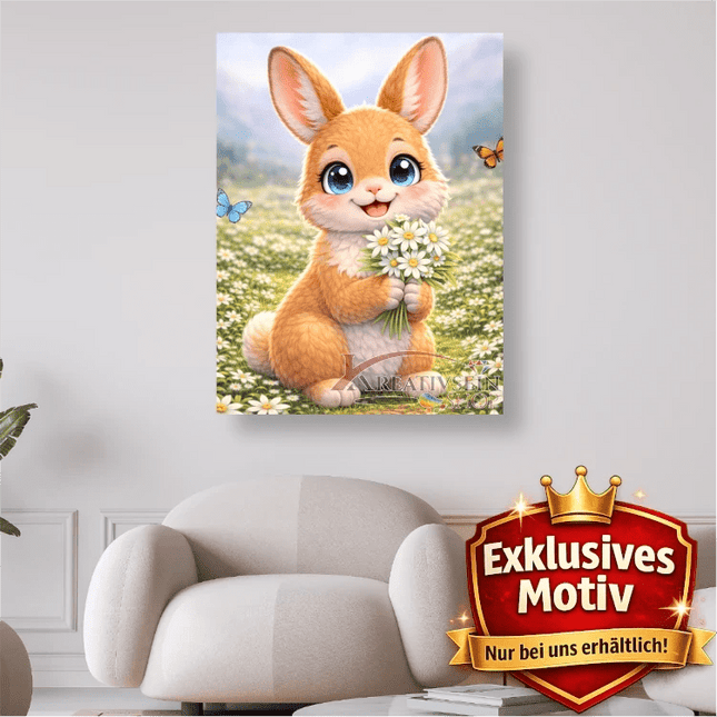 🐰 Kawaii Diamond Painting Set „Süßer Hase mit Edelweiß“ – Niedliches DIY Motiv - Kreativsein.shop