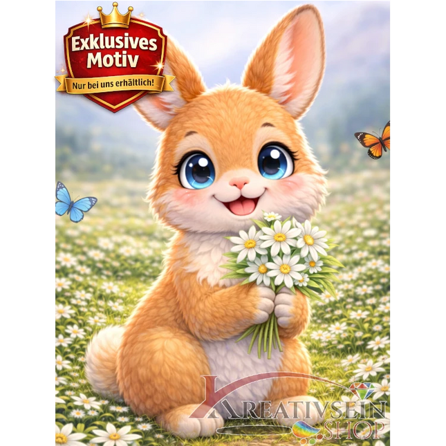 🐰 Kawaii Diamond Painting Set „Süßer Hase mit Edelweiß“ – Niedliches DIY Motiv - Kreativsein.shop