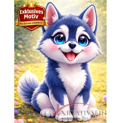 🐶 Kawaii Diamond Painting Set „Süßer Husky im Blütenfeld“ – Niedliches DIY Motiv - Kreativsein.shop