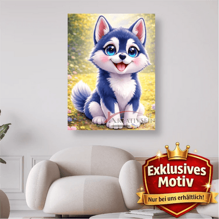 🐶 Kawaii Diamond Painting Set „Süßer Husky im Blütenfeld“ – Niedliches DIY Motiv - Kreativsein.shop