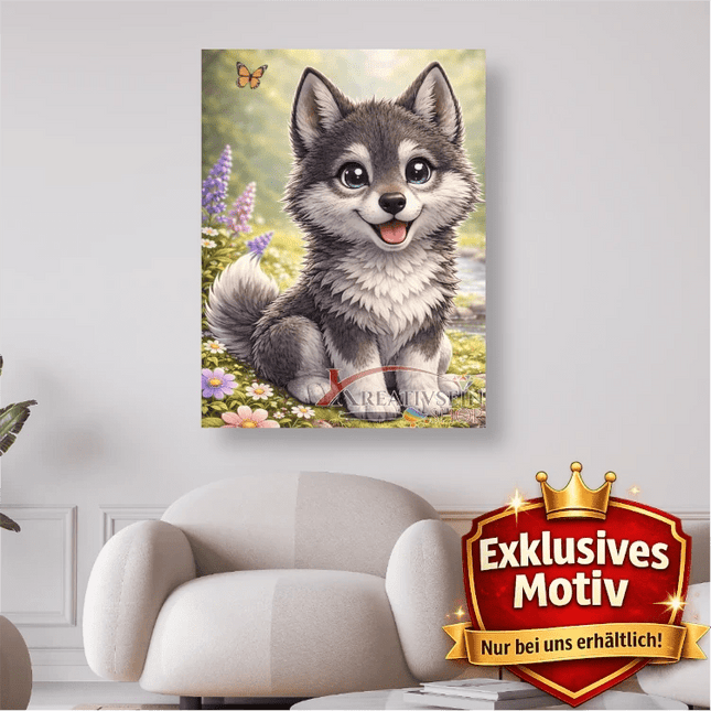 🐺 Kawaii Diamond Painting Set „Süßer Wolf mit Schmetterling“ – Niedliches DIY Motiv