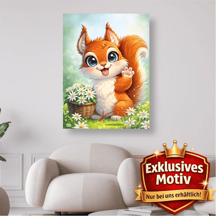 🐿️ Kawaii Diamond Painting Set „Süßes Eichhörnchen mit Edelweißkorb“ – Niedliches DIY Motiv