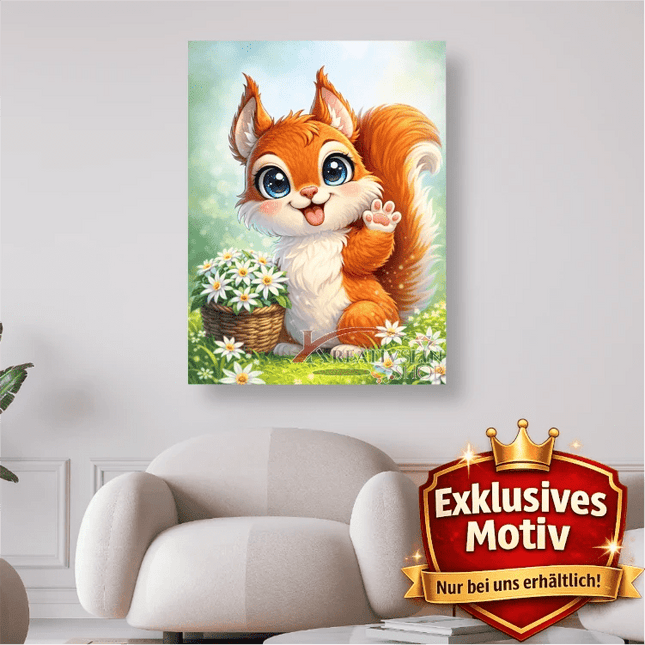 🐿️ Kawaii Diamond Painting Set „Süßes Eichhörnchen mit Edelweißkorb“ – Niedliches DIY Motiv - Kreativsein.shop