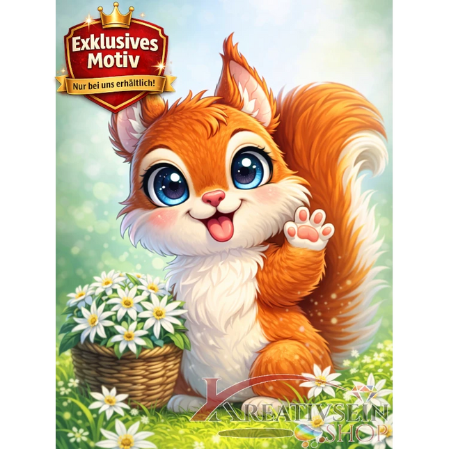 🐿️ Kawaii Diamond Painting Set „Süßes Eichhörnchen mit Edelweißkorb“ – Niedliches DIY Motiv - Kreativsein.shop