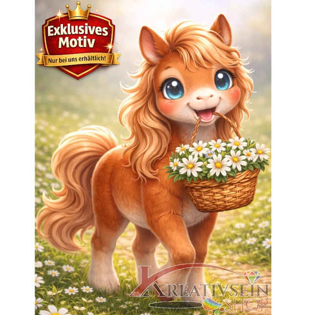 🐴 Kawaii Diamond Painting Set „Süßes Pony mit Blumenkorb“ – Niedliches DIY Motiv