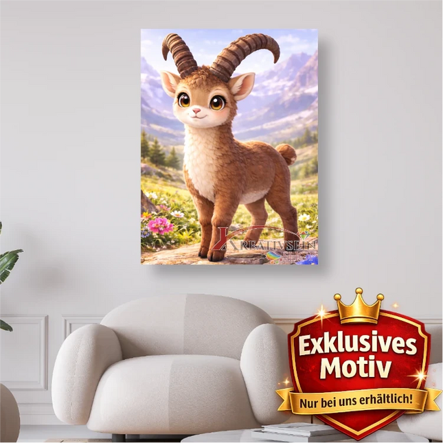 🐐 Kawaii Diamond Painting Set „Süßer Steinbock in den Alpen“ – Niedliches DIY Motiv