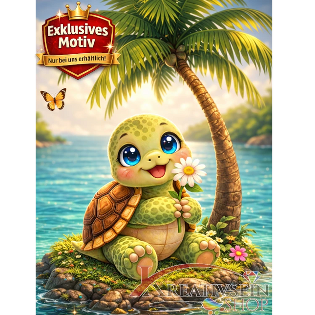 🐢 Kawaii Diamond Painting „Süße Schildkröte auf Insel“ – Niedliches DIY Motiv