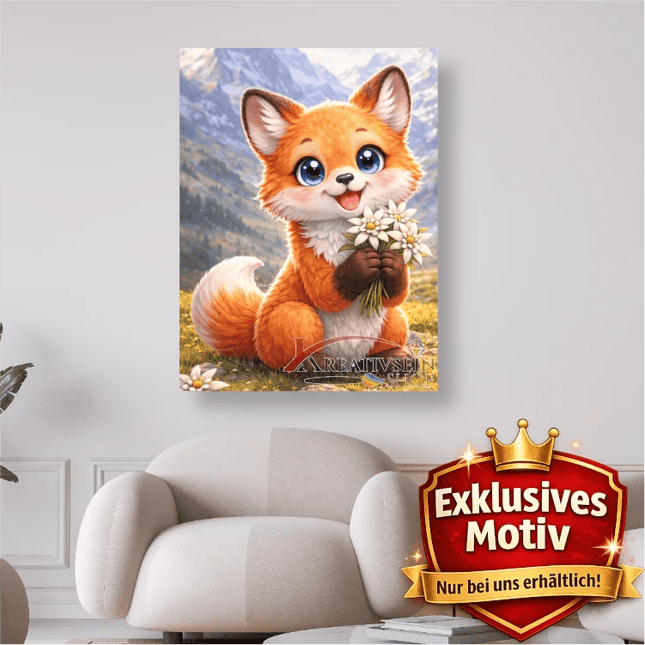 🦊 Kawaii Diamond Painting „Süßer Fuchs mit Edelweiß“ – Niedliches DIY Motiv