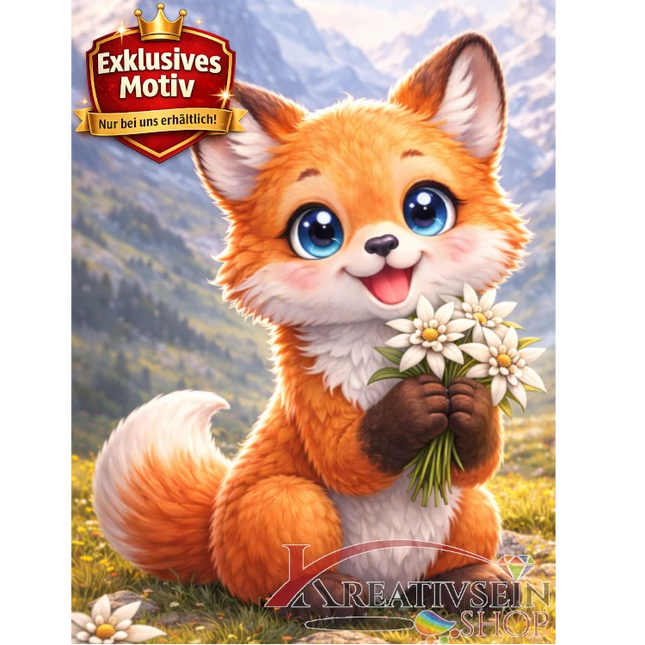🦊 Kawaii Diamond Painting „Süßer Fuchs mit Edelweiß“ – Niedliches DIY Motiv