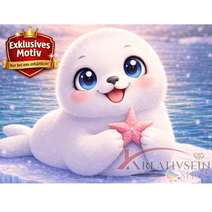 🦭 Kawaii Diamond Painting Set „Süße Robbe mit Seestern“ – Niedliches DIY Motiv