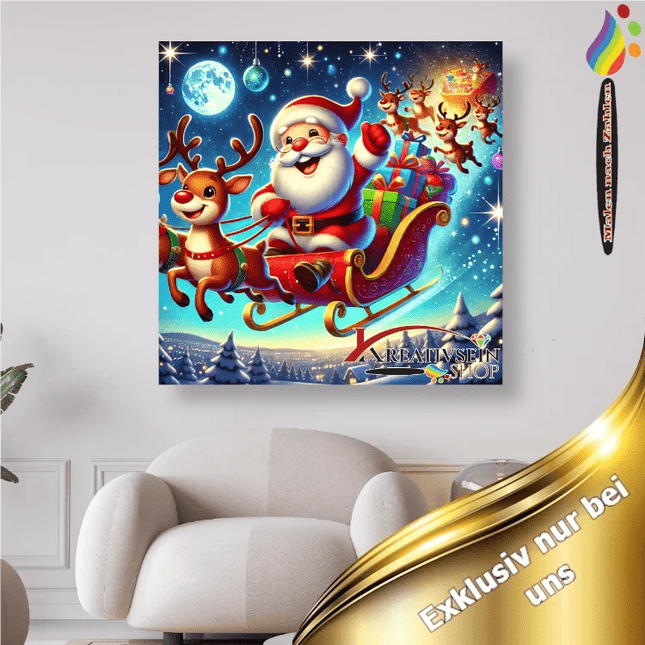 Lustiger Weihnachtsmann im Schlitten mit Rentieren - Malen nach Zahlen - Kreativsein.shop