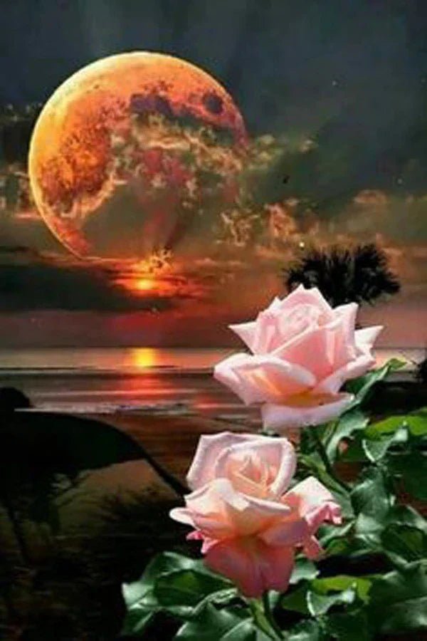 Mond mit Rosen und Sonnenuntergang - 5D DIY Diamond Painting - Kreativsein.shop