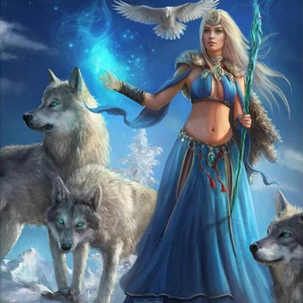 Nymphe mit blauem Kleid und Wölfen - 5D DIY Diamond Painting - Kreativsein.shop