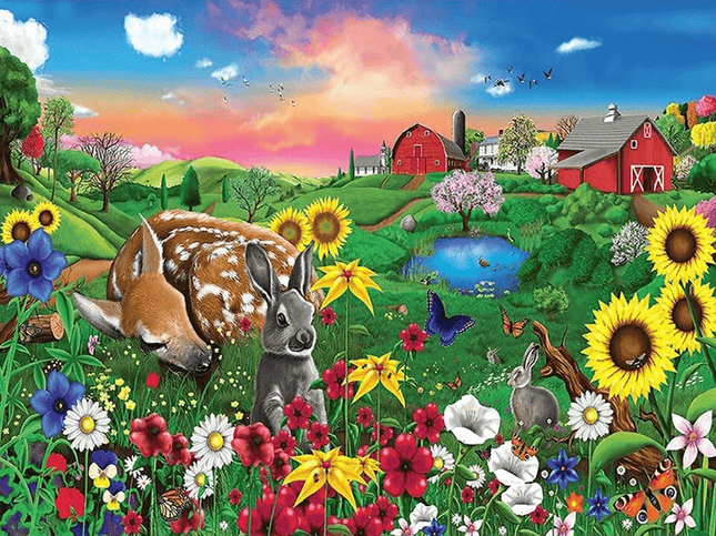 Reh und Hase auf Blumenwiese - Voll AB 5D DIY Diamond Painting - Kreativsein.shop