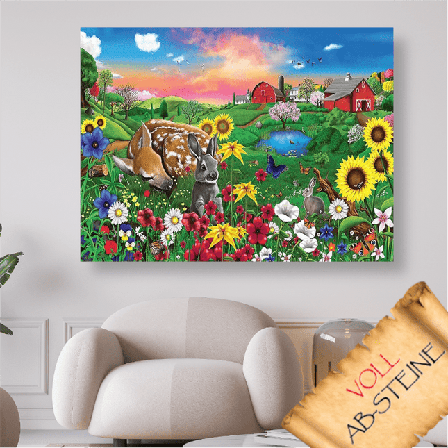 Reh und Hase auf Blumenwiese - Voll AB 5D DIY Diamond Painting - Kreativsein.shop