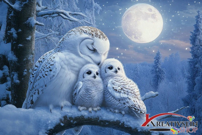 Schneeeulen im Vollmond - 5D DIY Diamond Painting - Kreativsein.shop