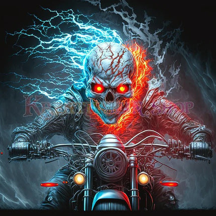 Skelett mit roten Augen auf Motorrad - 5D DIY Diamond Painting