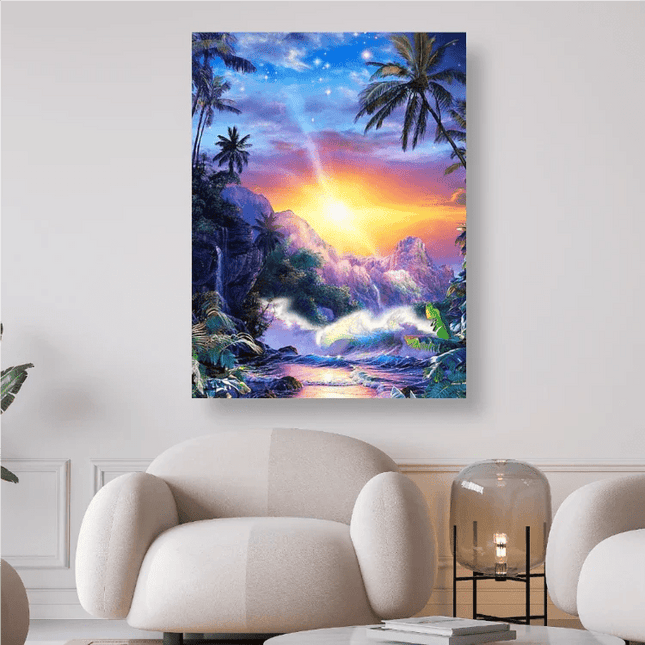 Sonnenuntergang mit Palmen, Bergen und Meer - 5D DIY Diamond Painting - Kreativsein.shop