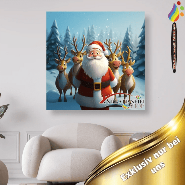 Weihnachtsmann mit Rentieren im Winterwald - Malen nach Zahlen - Kreativsein.shop