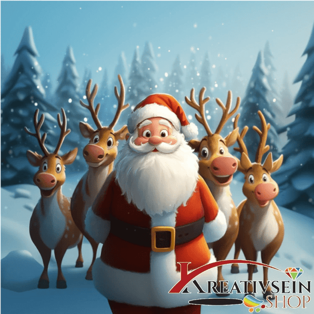 Weihnachtsmann mit Rentieren im Winterwald - Malen nach Zahlen - Kreativsein.shop