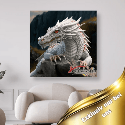 Weisser Drachen auf Felsen - 5D DIY Diamond Painting