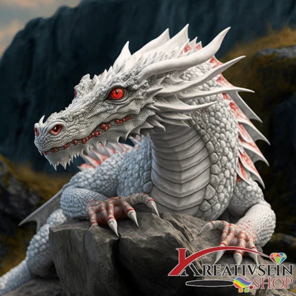Weisser Drachen auf Felsen - 5D DIY Diamond Painting