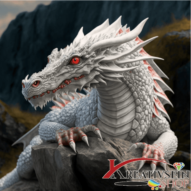 Weisser Drachen auf Felsen - Malen nach Zahlen - Kreativsein.shop