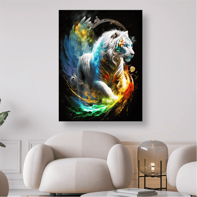 Weisser Tiger im regenbogenfarben Wirbel - 5D DIY Diamond Painting - Kreativsein.shop